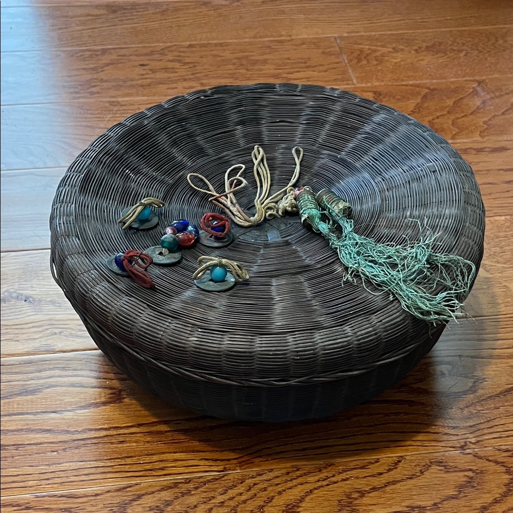 Antique Indian boho sewing basket Woven beads and fringe. 12” guc